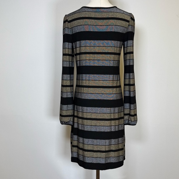 Three Dots Silver Gold Black Metallic Stripe Long Sleeve Dress Size Small - Picture 3 of 14